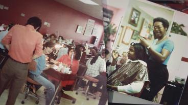 A combined image of two scenes at a cosmetics business.