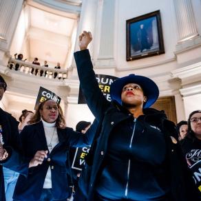 Mary Hooks of Southerners on New Ground leads the Count Every Vote protest at the Georgia State Capitol in Atlanta, Georgia, in 2018. | Kevin Lowery
